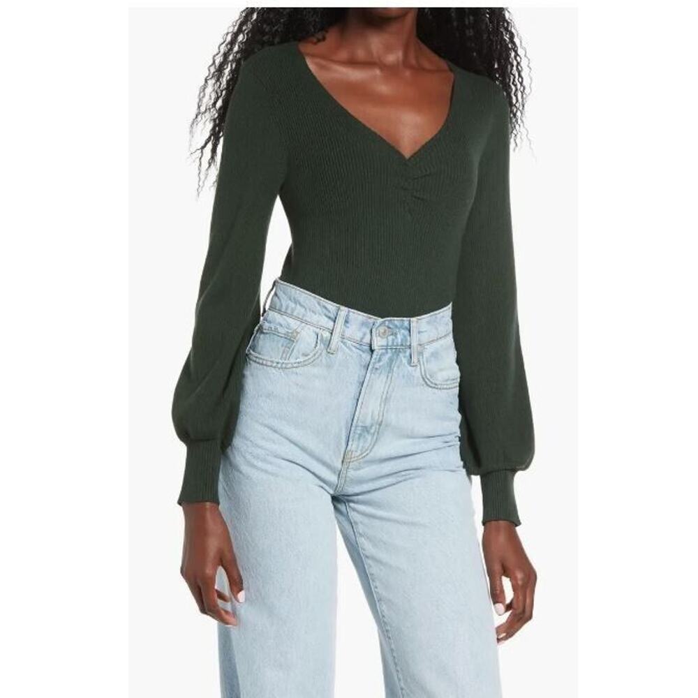 All‎ In Favor Women's Rib V-Neck Gather Pullover in Forest Green Medium $45